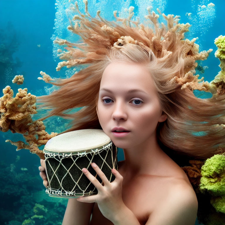 Underwater portrait: person with coral-like hair holding drum