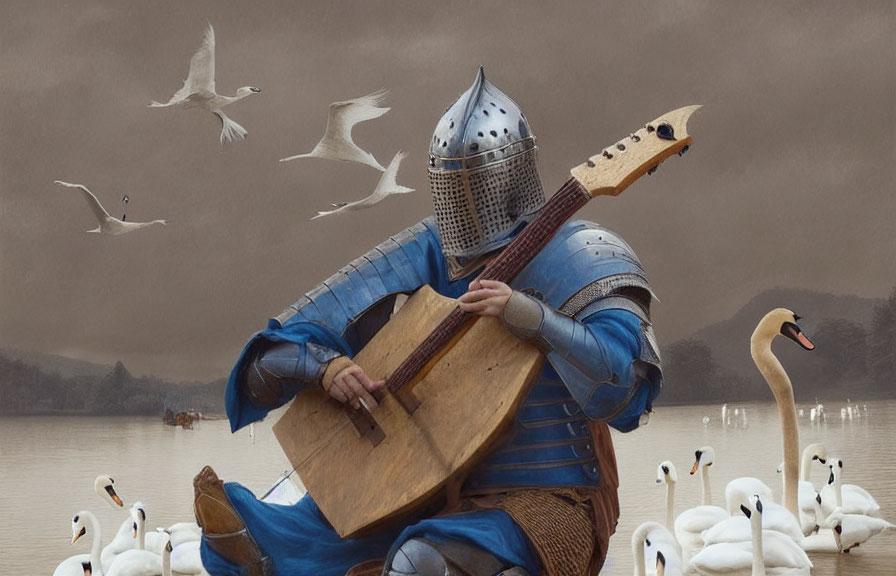 Knight in armor playing balalaika among swans on misty lake with flying birds