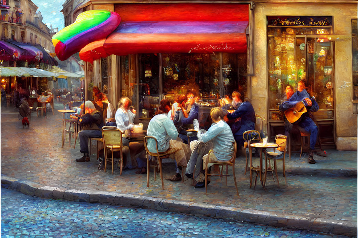 Parisian Café Scene: Dining Patrons, Guitarist, Warm Lighting, Colorful Awning