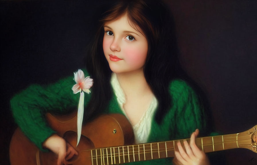 Young girl with long brown hair holding a guitar in green sweater