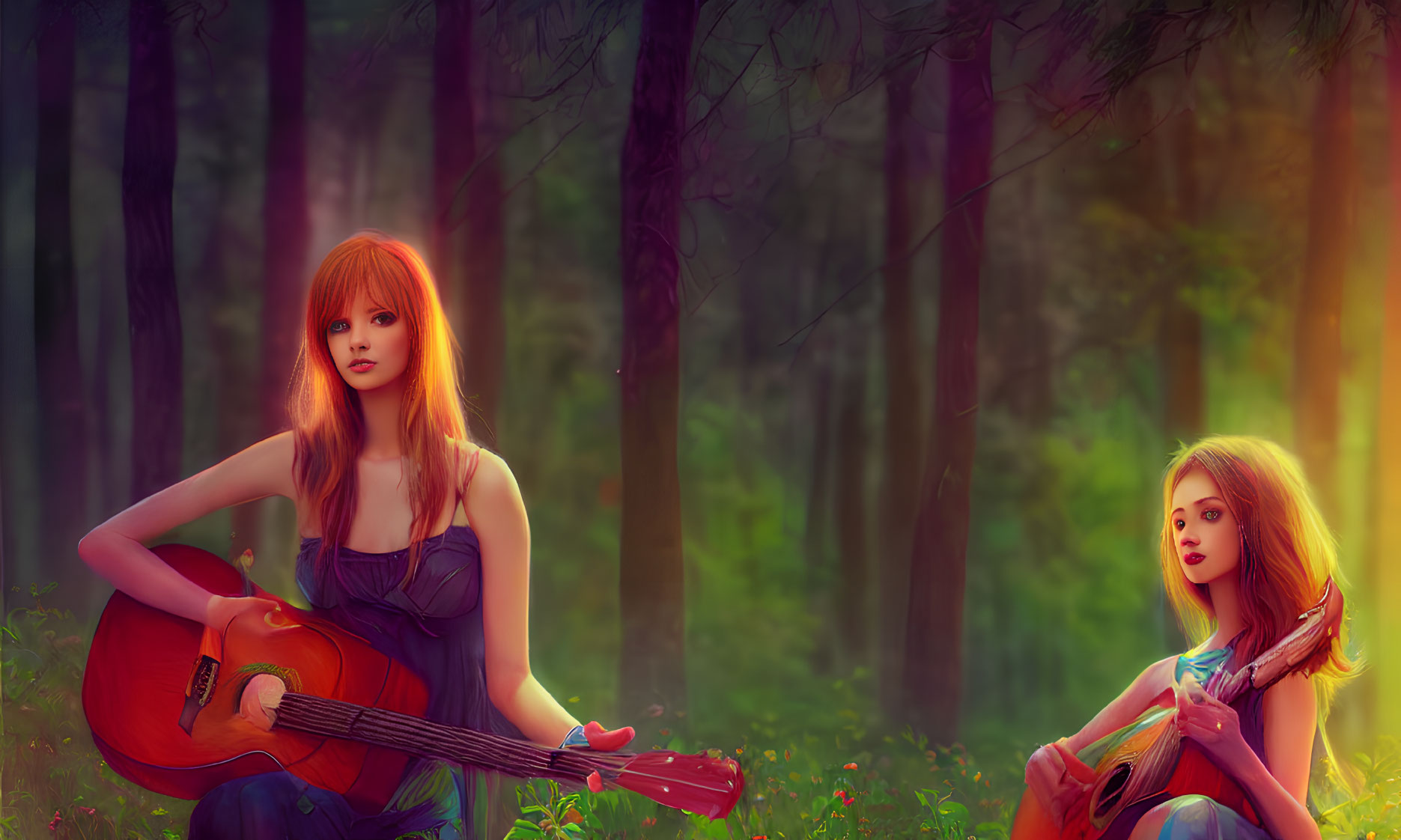 Two women playing guitars in a mystical forest with warm sunlight.