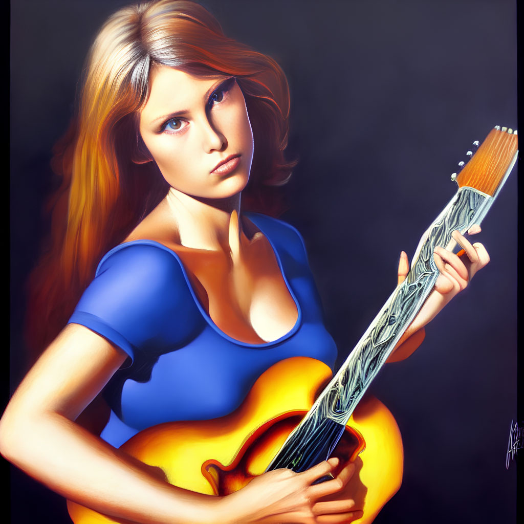 Blonde woman with yellow guitar in stylized painting