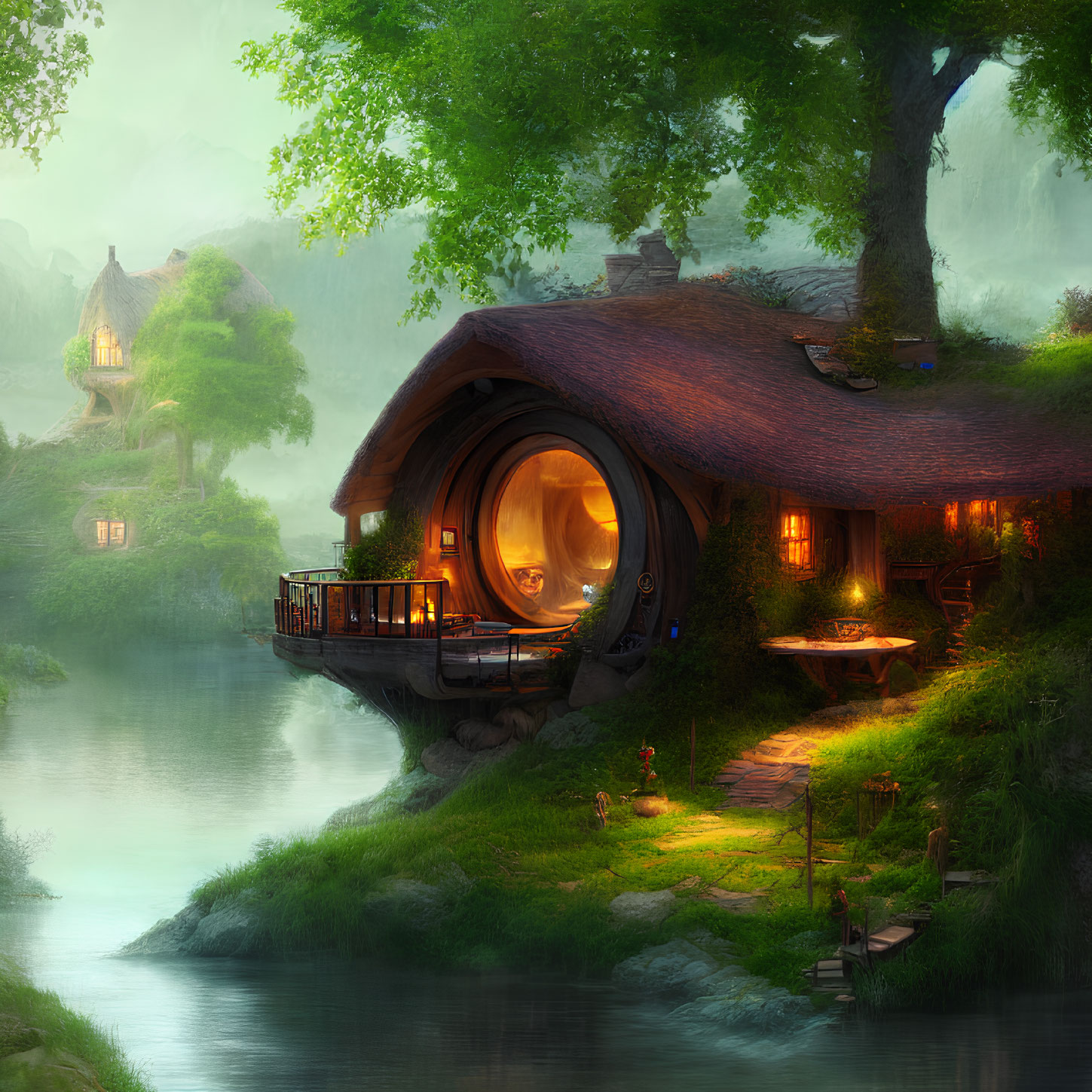 Enchanting riverside cottage with thatched roof and circular door in twilight