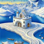 Fantastical winter castle scene with frozen river and celestial sky