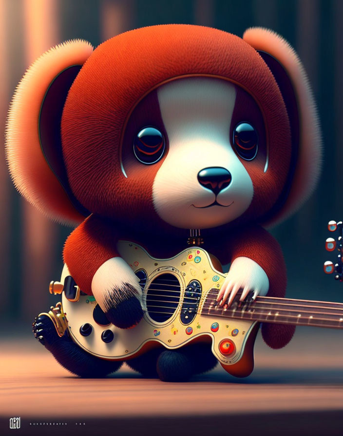 Animated red panda playing golden electric guitar in forested setting