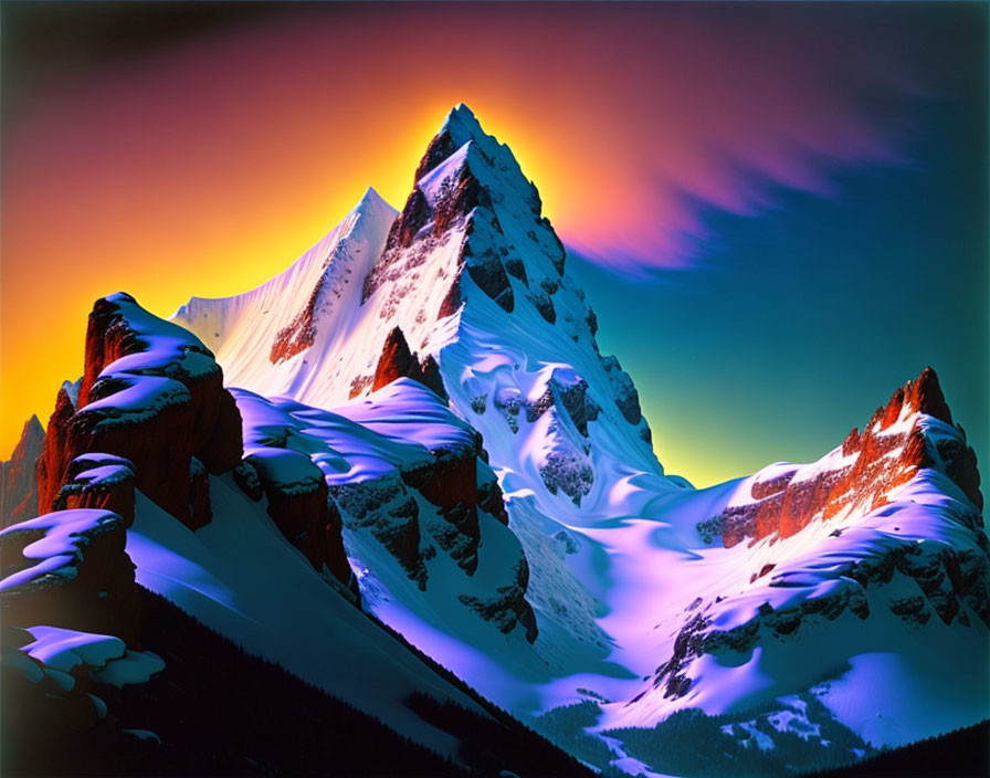 Colorful Digital Artwork: Snow-Capped Mountain Range in Purple and Orange Hues