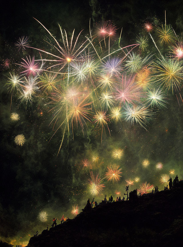 Colorful fireworks illuminate night sky over hill spectators