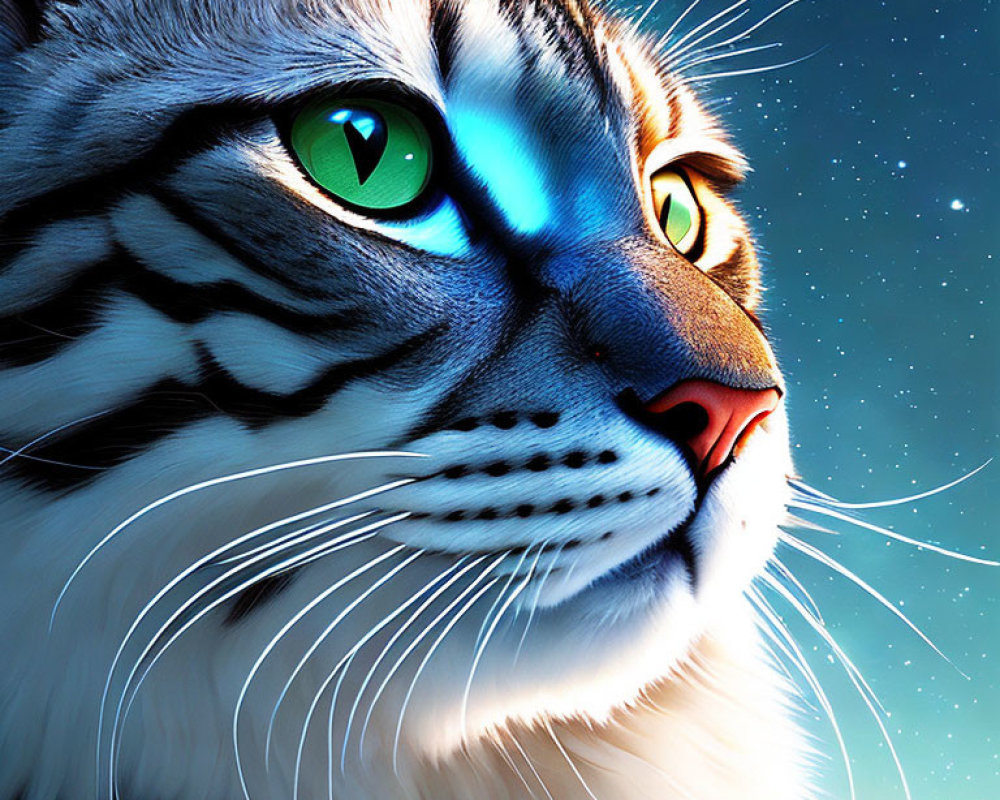 Close-up Illustration: Cat with Green Eyes, Blue and Orange Fur on Starry Night Sky