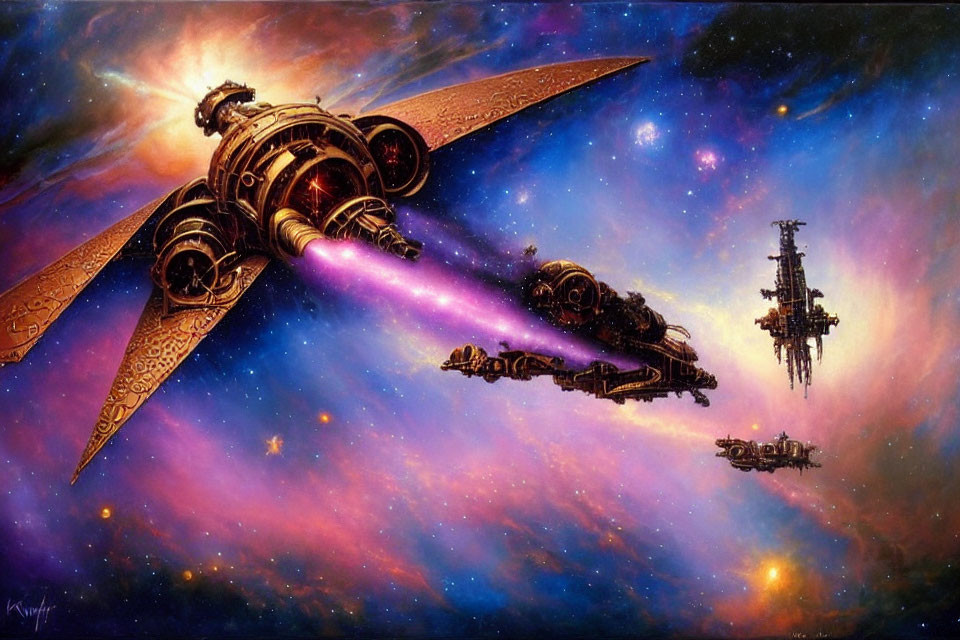 Detailed steampunk spaceship emitting purple beam in vibrant space scene
