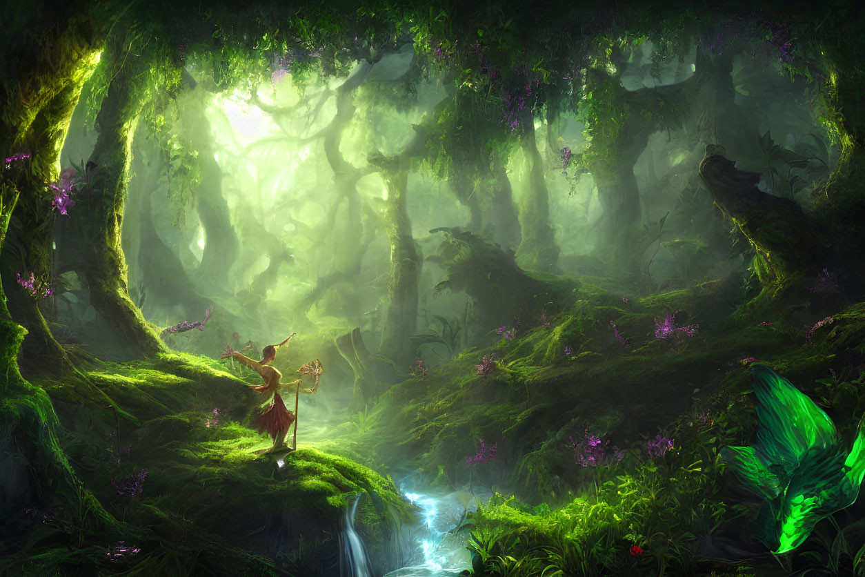 Enchanting Nature Scene with Elves in Lush Forest