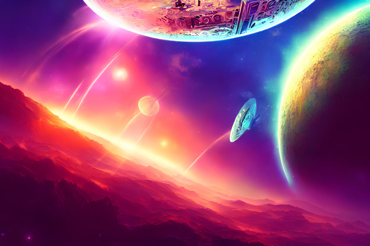 Colorful Sci-Fi Landscape with Rocky Alien Terrain and Spaceship