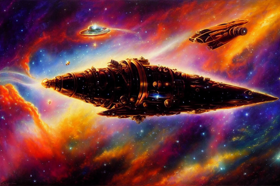 Colorful Nebulas and Spaceships in Detailed Space Scene