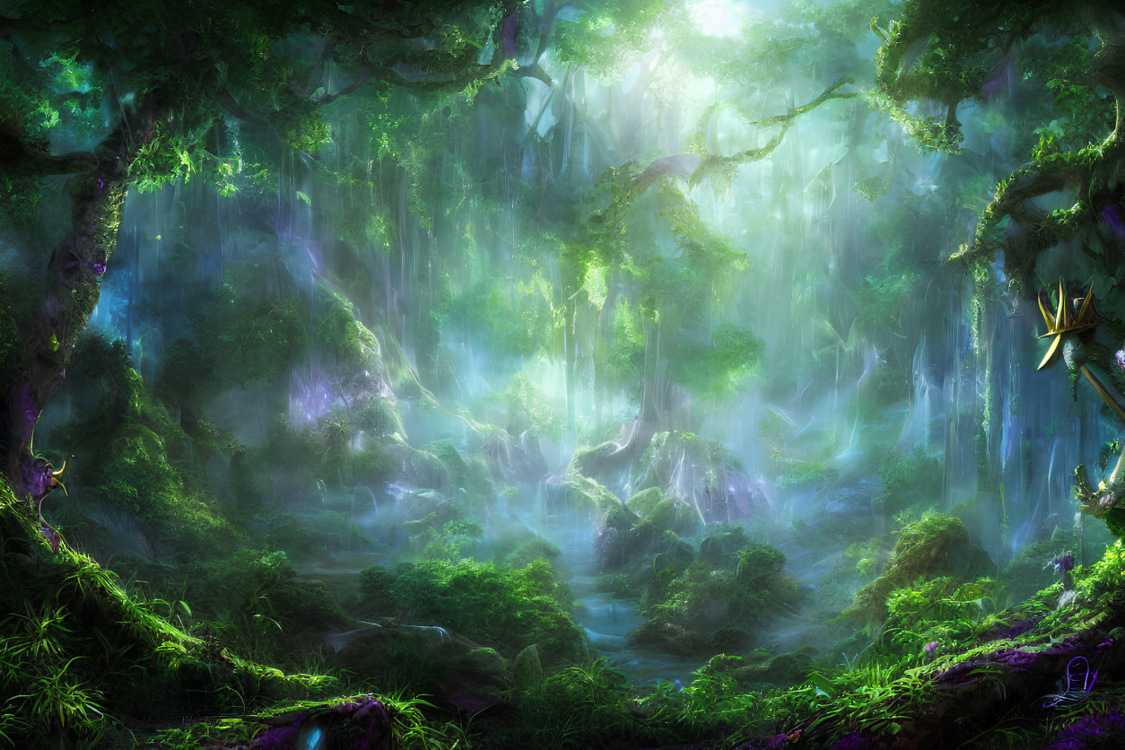 Mystical forest with vibrant greenery and ethereal light