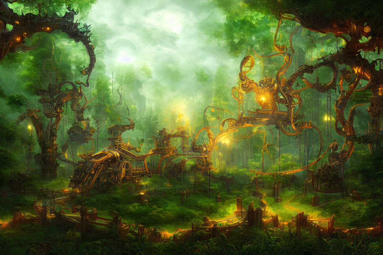 Ethereal forest scene with intricate machinery among glowing trees