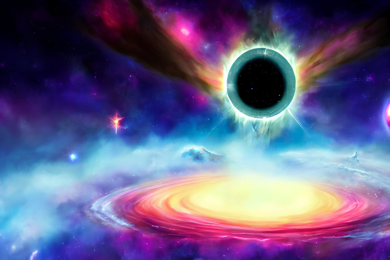 Colorful cosmic scene with black hole and nebulae
