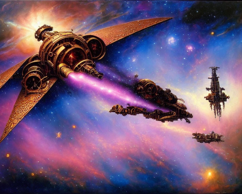 Detailed steampunk spaceship emitting purple beam in vibrant space scene