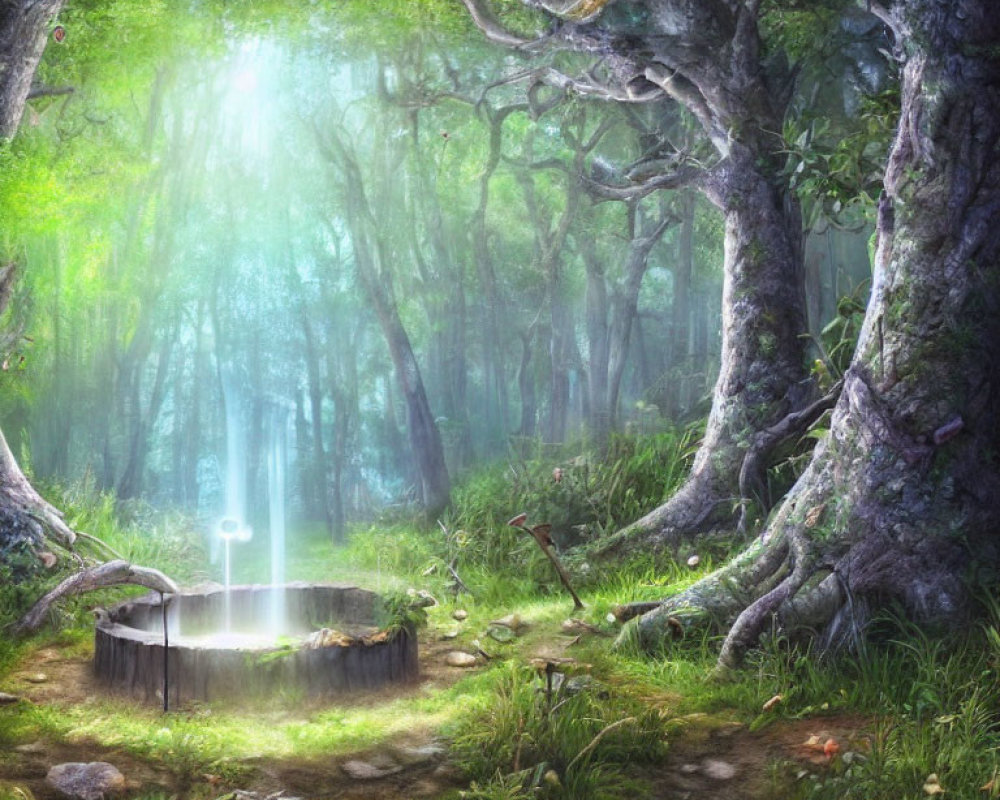 Mystical well in enchanted forest clearing with sunlight beam