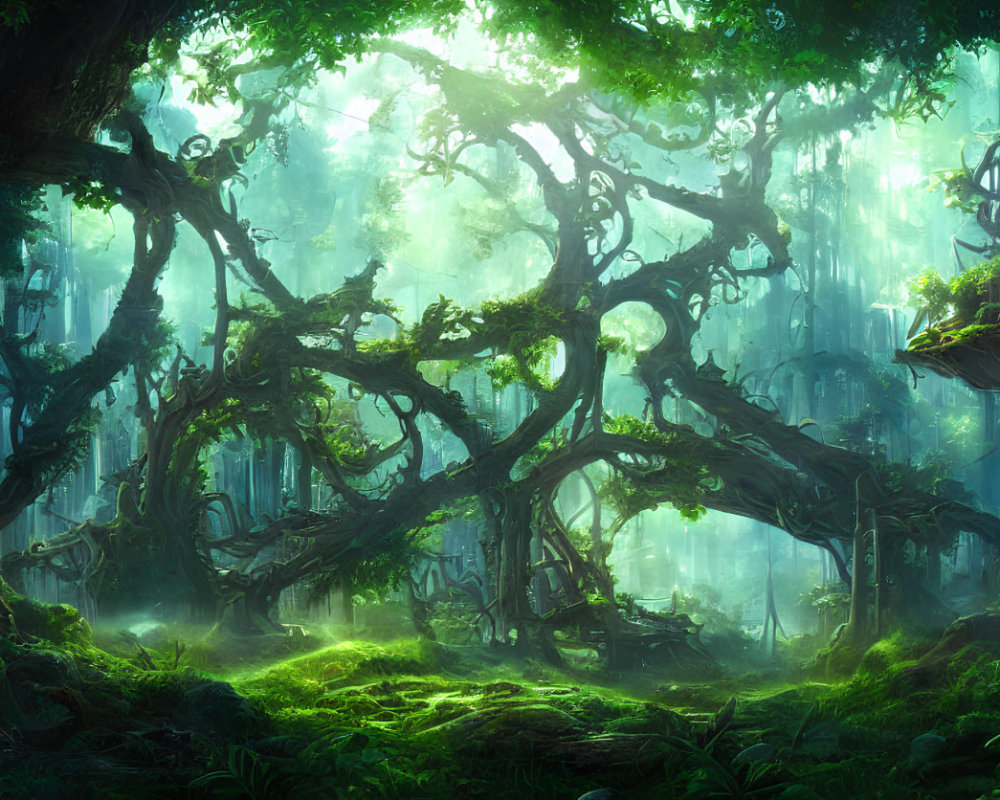 Mysterious forest scene with twisted trees and ethereal light