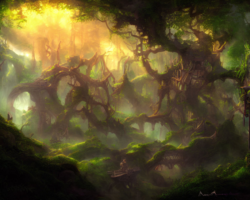 Ethereal forest scene with sunlight, moss-covered trees, ancient bridges, and glowing artifact