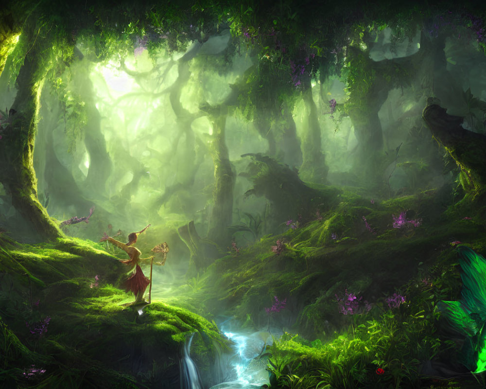 Enchanting Nature Scene with Elves in Lush Forest