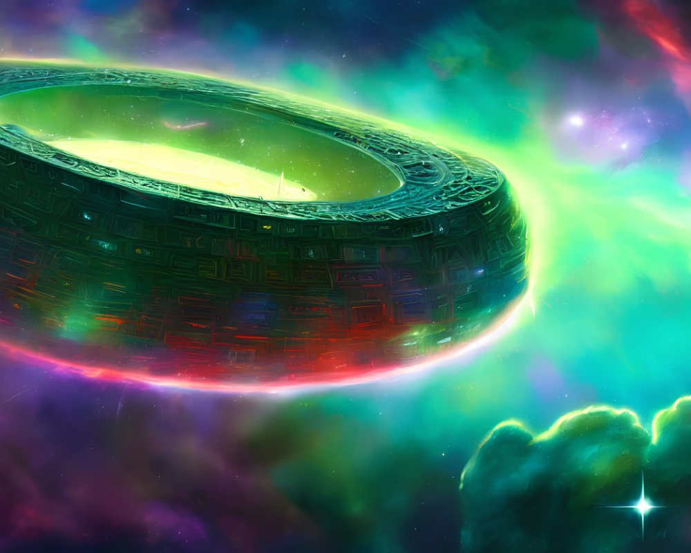 Colossal ring-shaped spaceship in vibrant sci-fi nebula