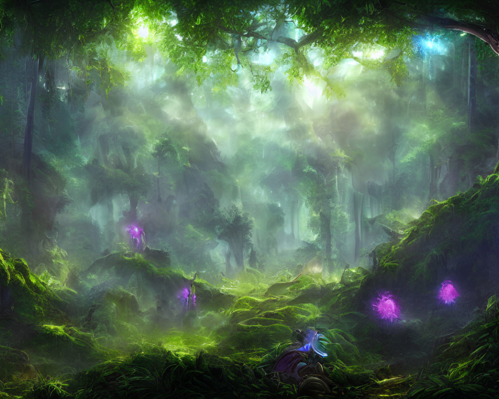 Mystical forest with vibrant orbs, ethereal light, and cloaked figure
