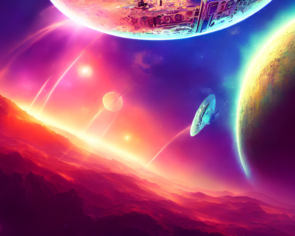 Colorful Sci-Fi Landscape with Rocky Alien Terrain and Spaceship