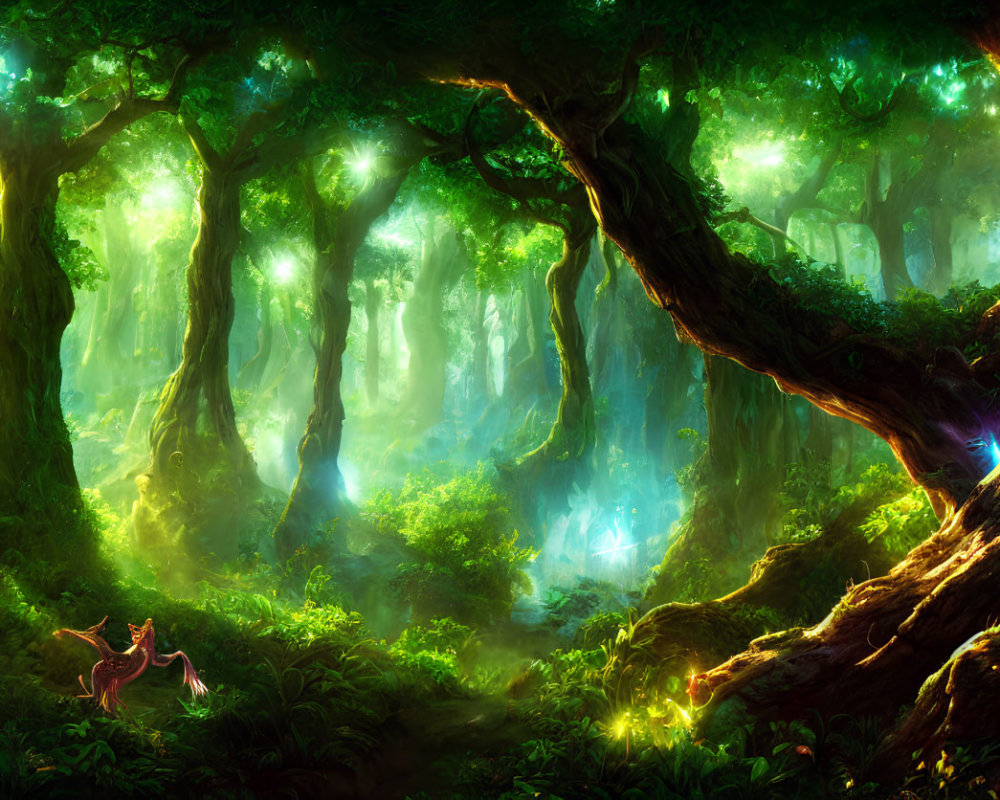 Enchanting forest with luminescent plants and magical creatures