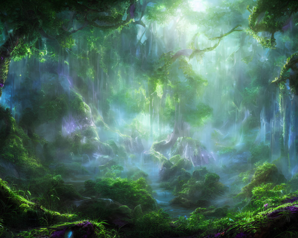 Mystical forest with vibrant greenery and ethereal light