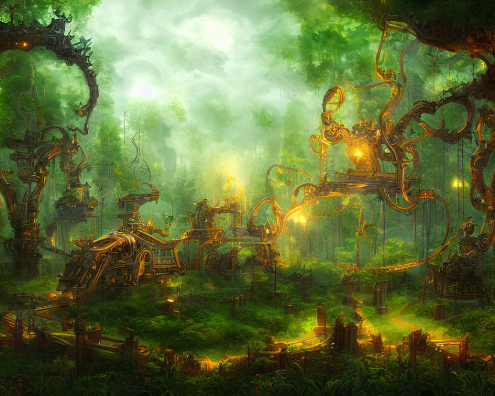 Ethereal forest scene with intricate machinery among glowing trees