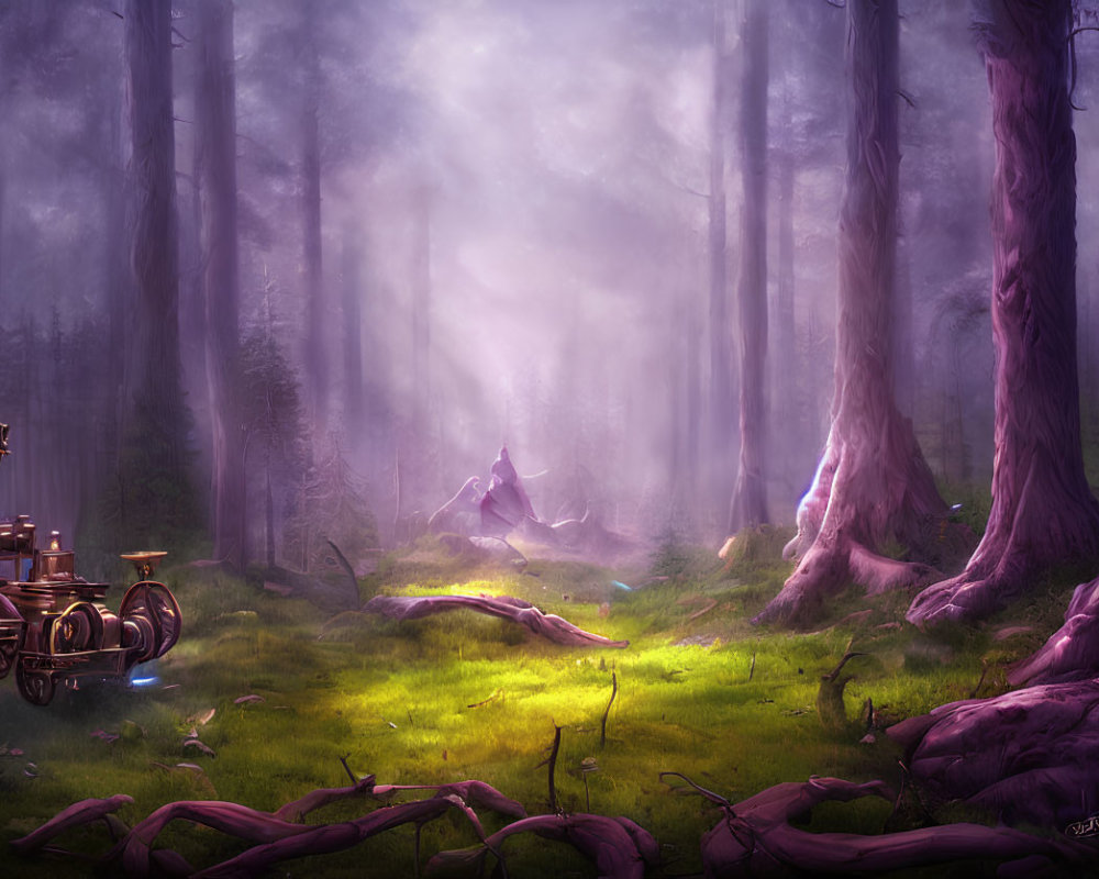 Mystical forest with tall trees, misty ambiance, green moss, steam-powered vehicle, and