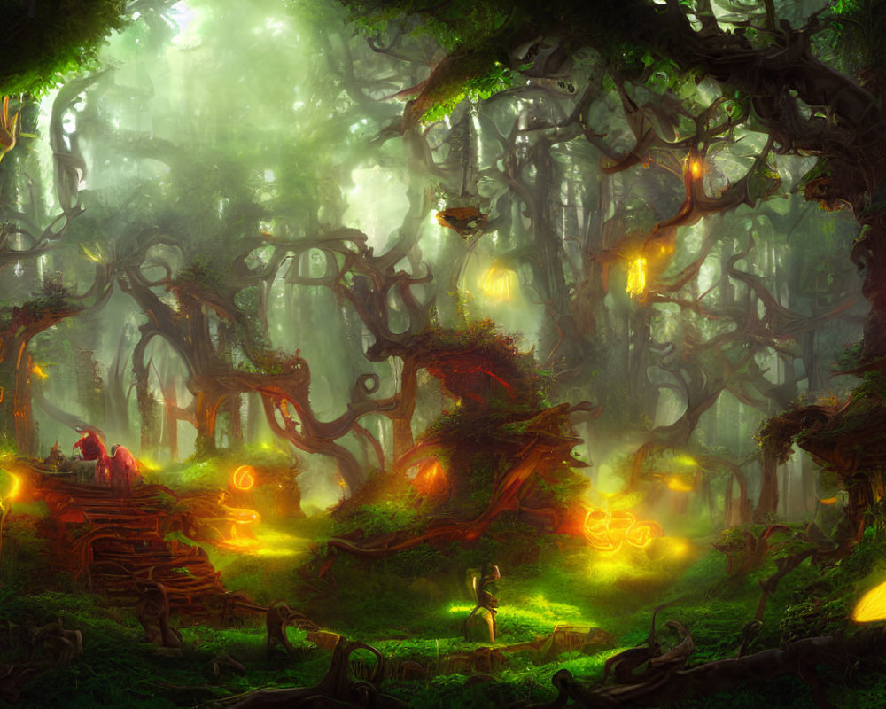 Ethereal forest with twisted trees and glowing lights
