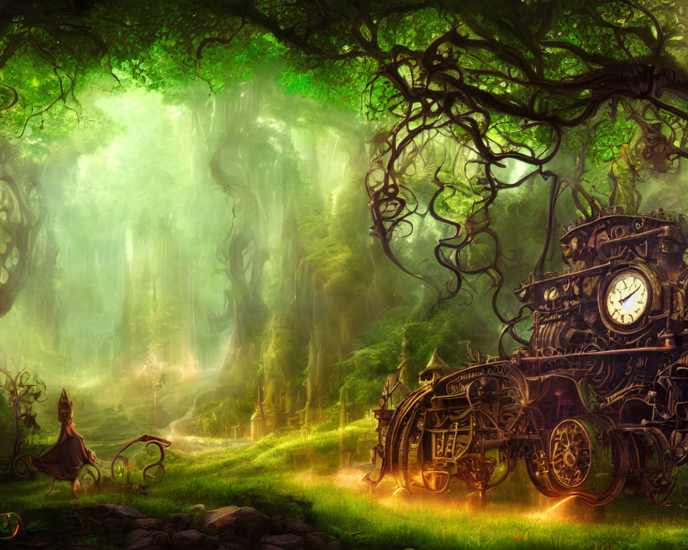 Vintage train in mystical forest with ethereal light and person in period clothing