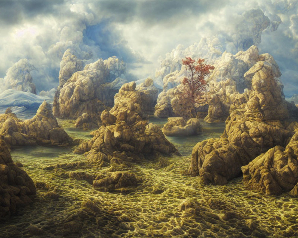 Surreal landscape with red-leafed tree, rocky formations, and dramatic sky