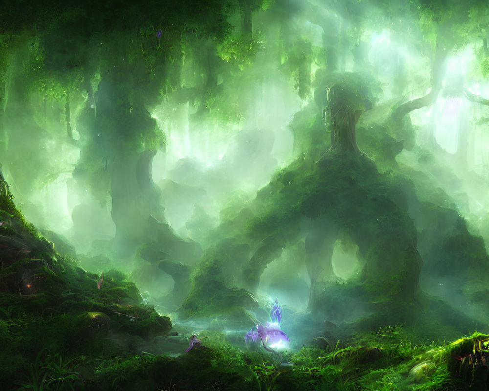 Enchanting forest scene with towering trees and meditating figure in serene ambiance