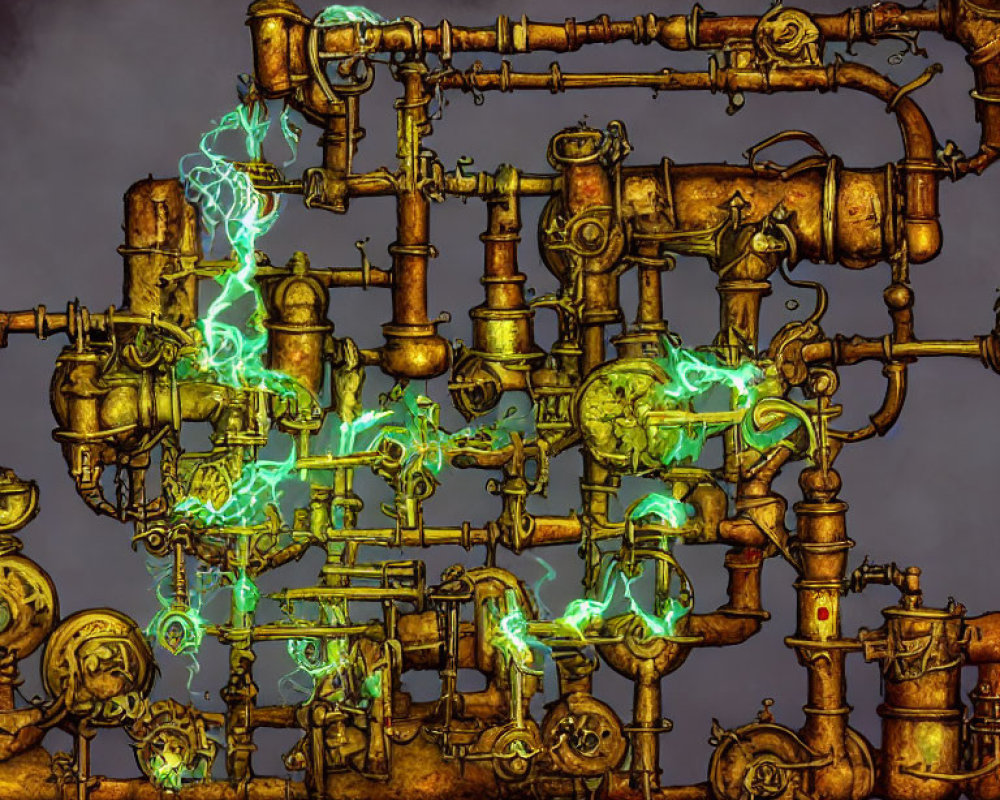 Steampunk-style pipes with glowing green energy on dark backdrop