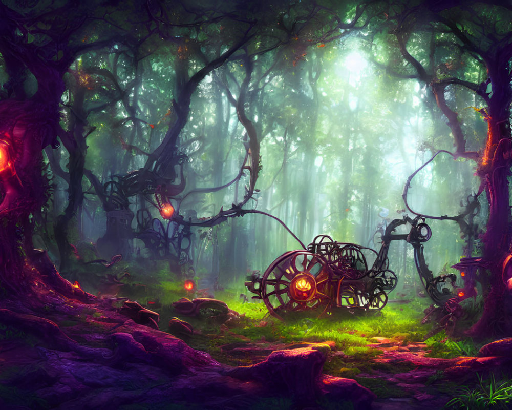 Enchanting forest with vibrant greenery and mysterious lights