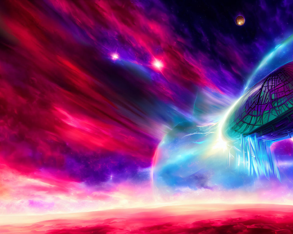 Colorful Nebula, Glowing Stars, Planet, and Futuristic Dome Structure in Cosmic Scene