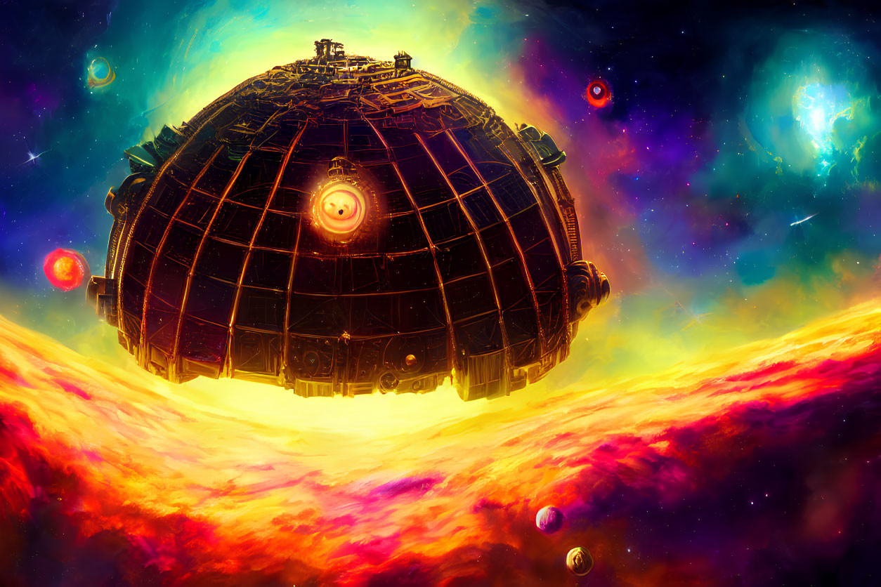 Intricate spherical spaceship above vibrant alien landscape