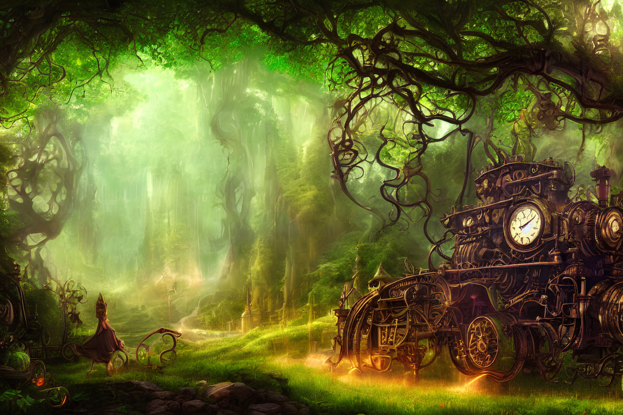Vintage train in mystical forest with ethereal light and person in period clothing