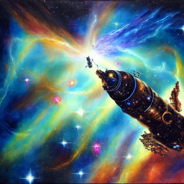 Colorful Nebula with Detailed Spaceship Traveling Through Stars