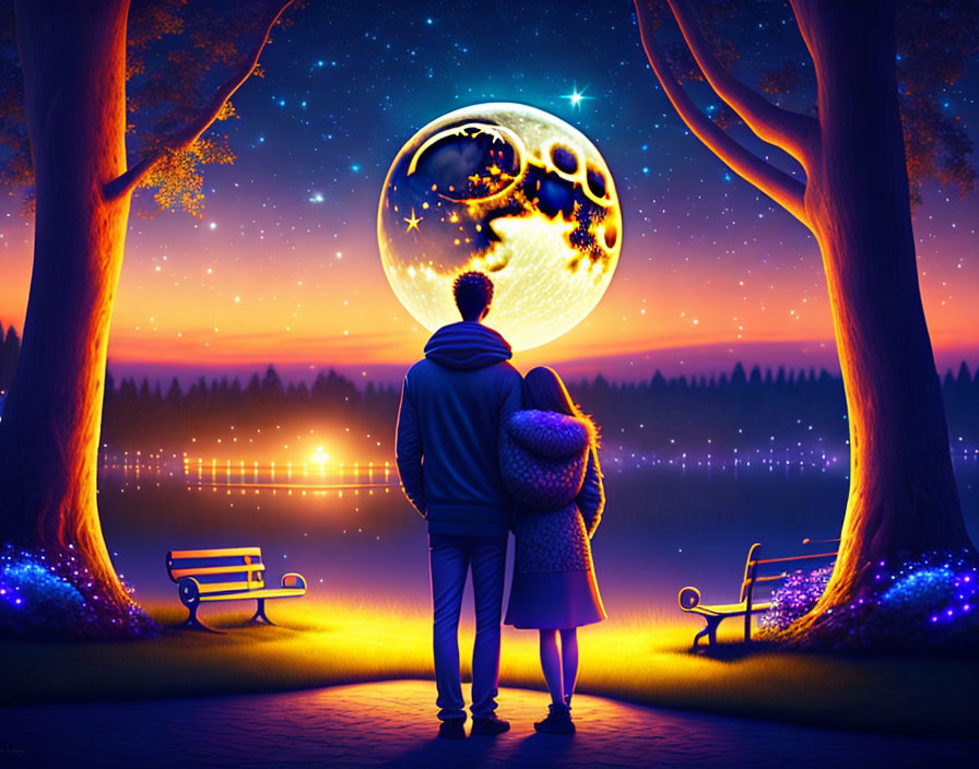 Couple Embracing Under Starry Sky with Glowing Moon and Trees