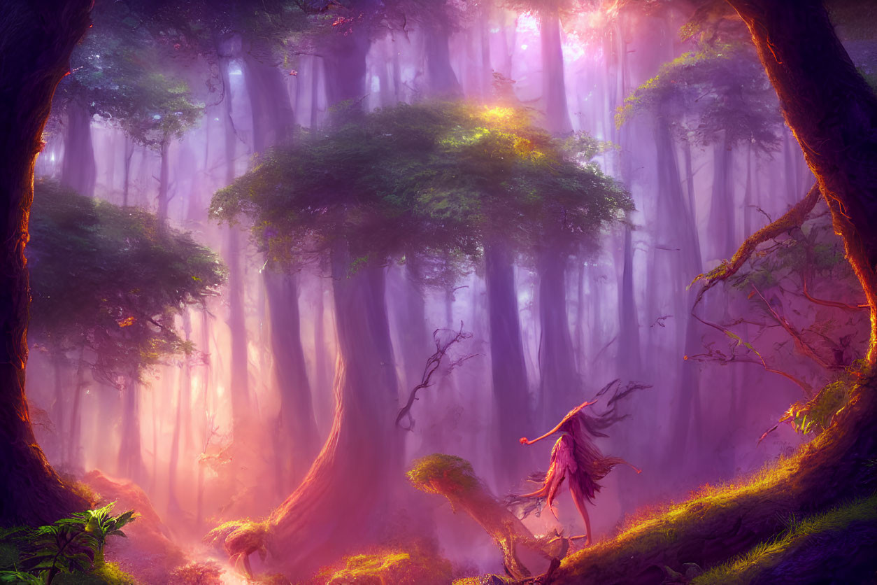 Enchanting forest scene with towering trees and mystical figure