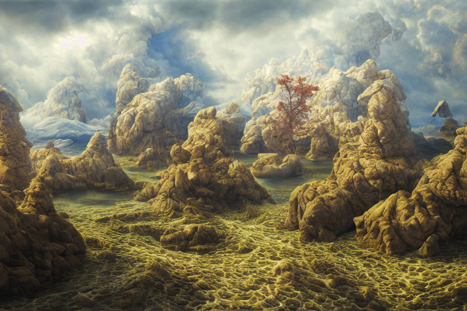 Surreal landscape with red-leafed tree, rocky formations, and dramatic sky
