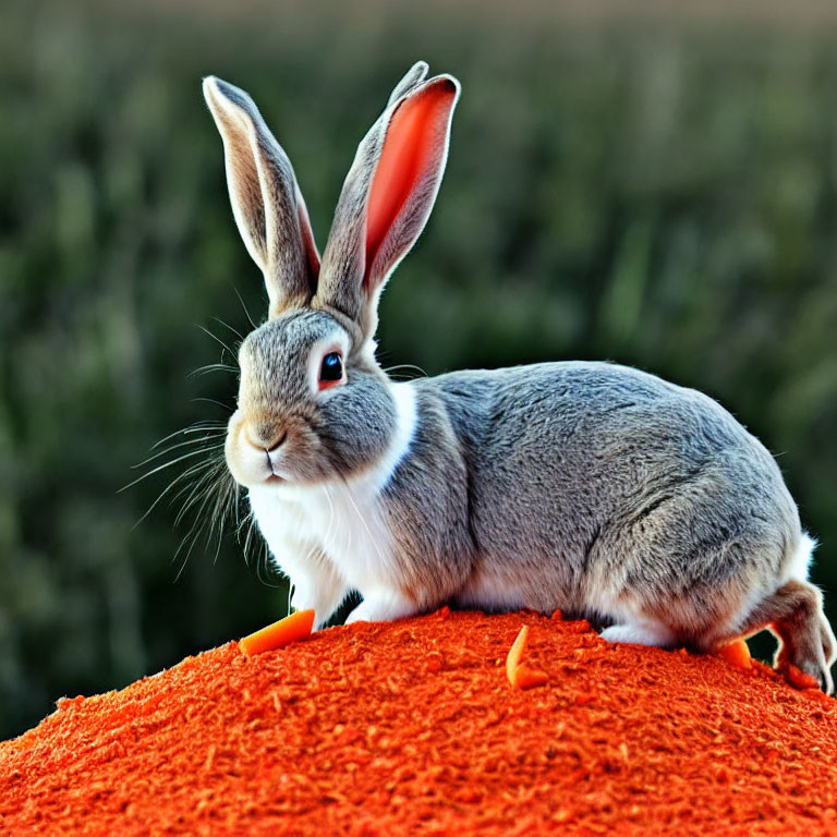 Grey Rabbit with Long Ears on Orange Textured Surface