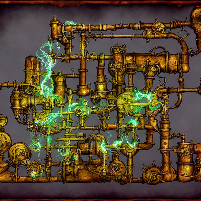Steampunk-style pipes with glowing green energy on dark backdrop