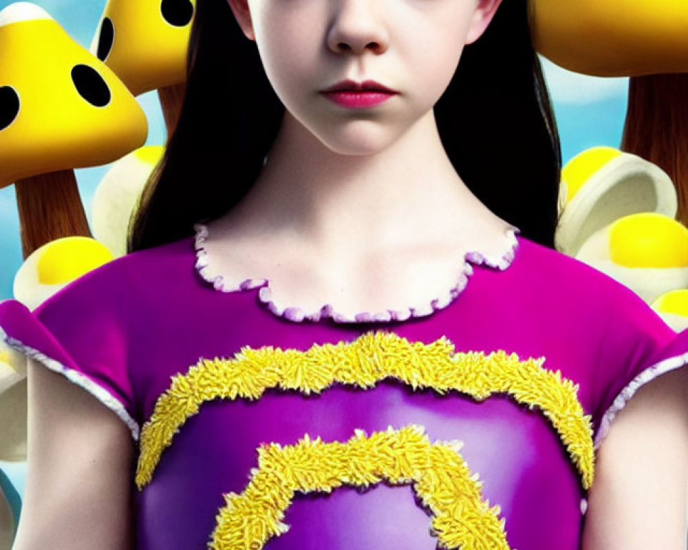 Young girl in princess costume with golden crown and purple dress against blue sky and cartoon mushrooms