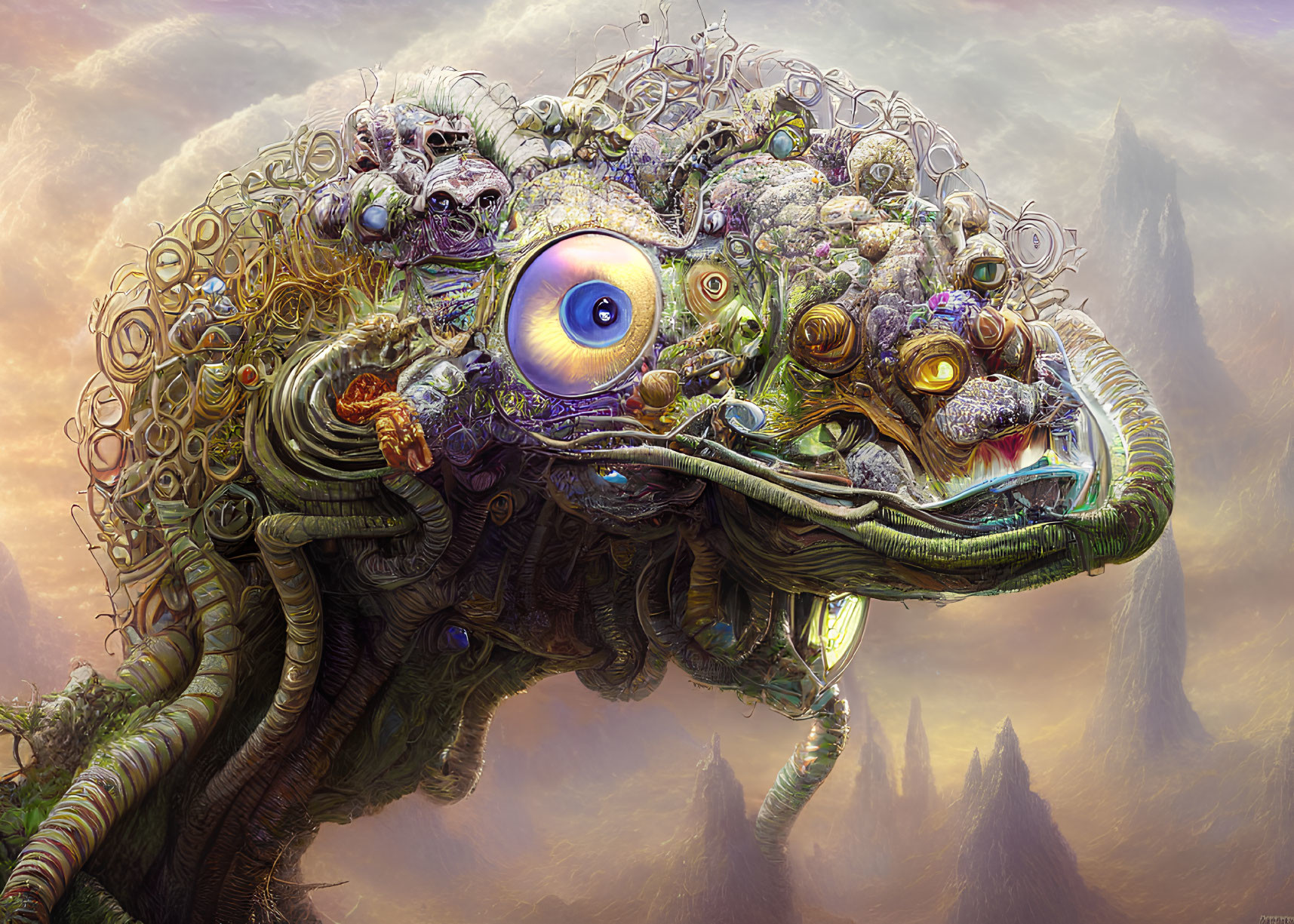 Fantastical creature with large eye and serpentine extensions in misty mountain setting