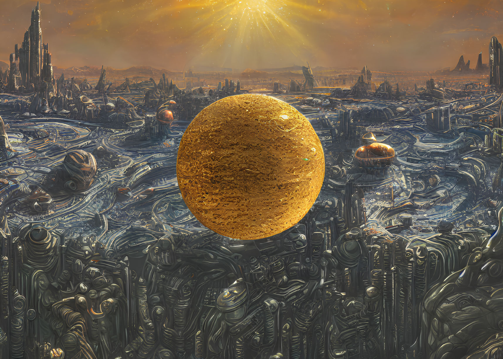 Futuristic landscape with machinery, spires, and golden sphere under sun