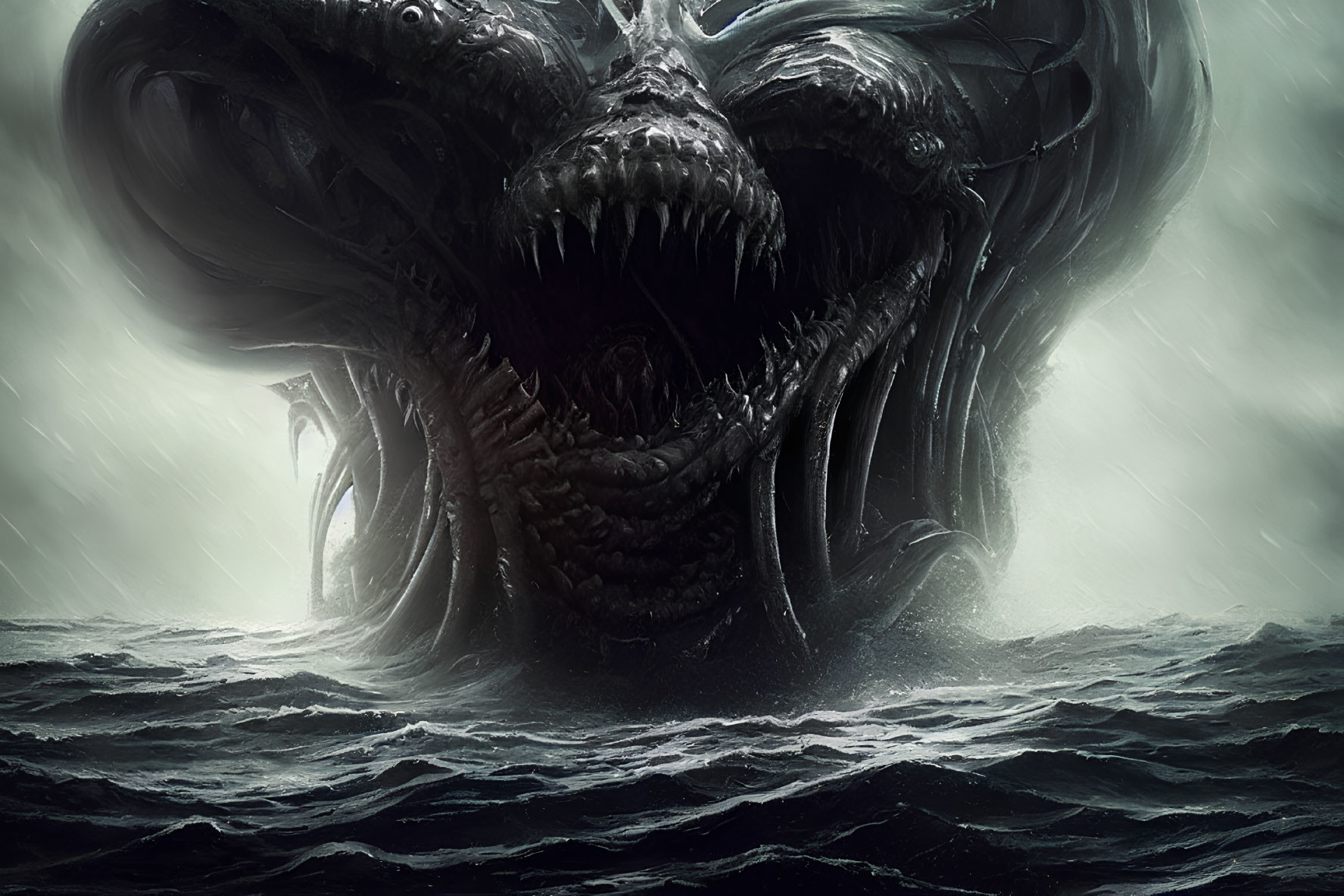 Menacing sea monster with multiple sharp-toothed maws in stormy ocean